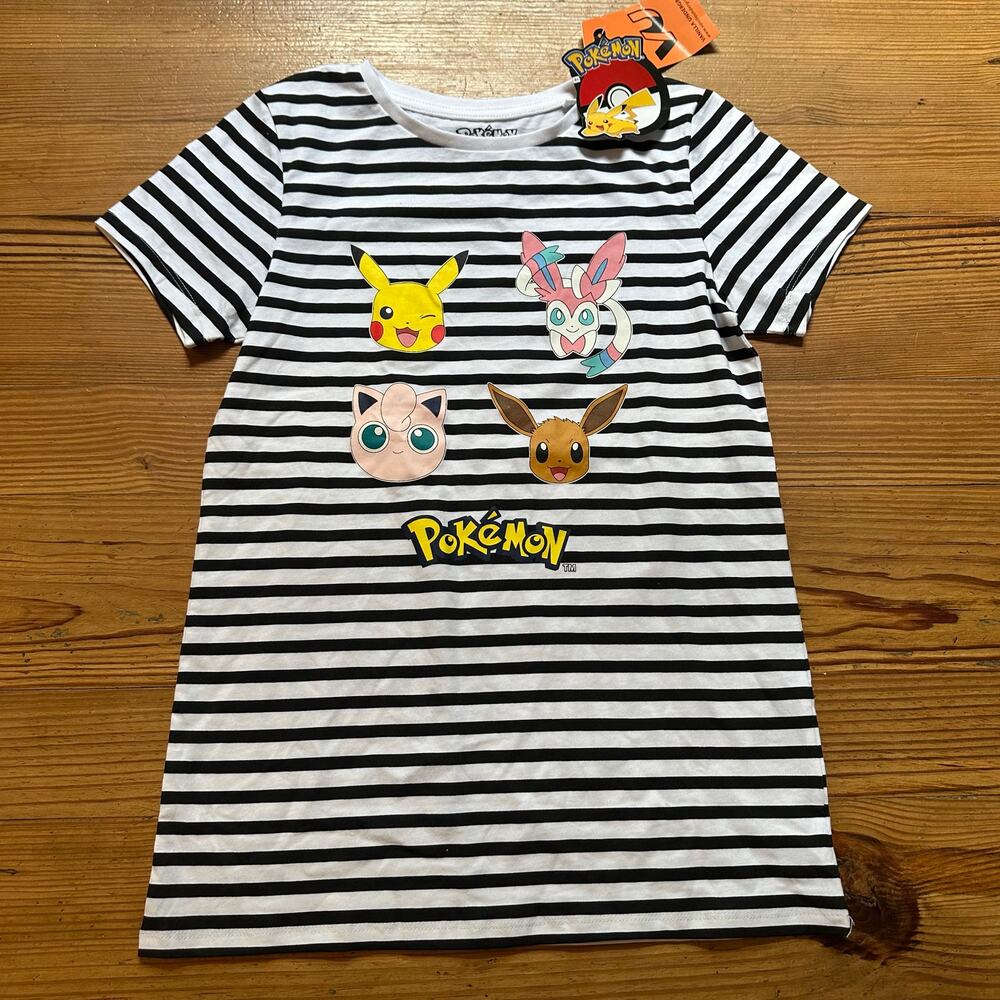 NWT black white‎ striped Pokemon character graphic short sleeve shirt SIZE 14